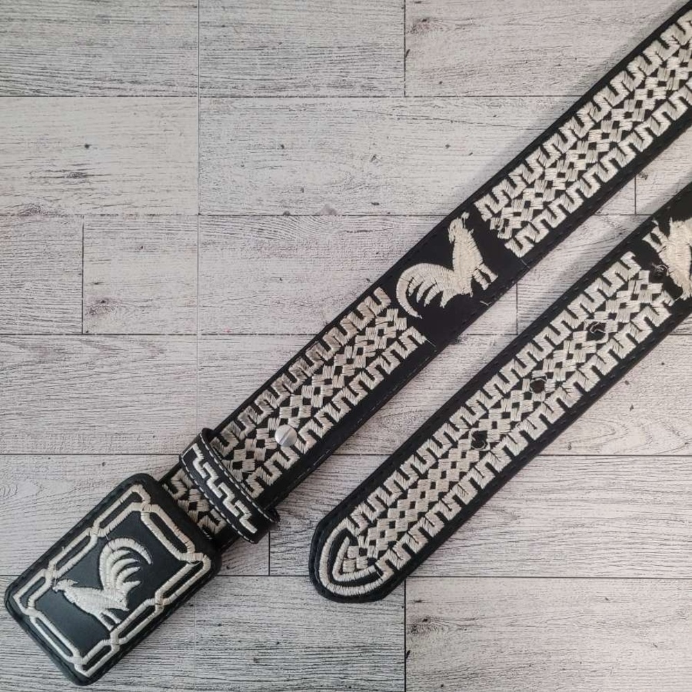 Men's Nava Western Black Leather Aztec Rooster Embroidery Cowboy Belt Size 36